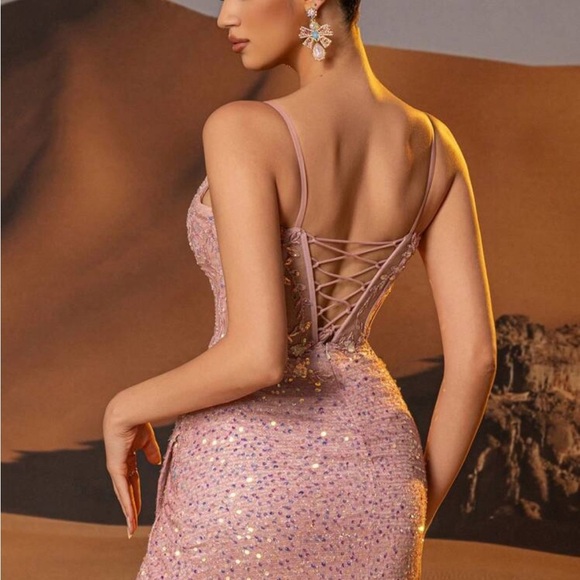 Rusty Rose Sparkly Lace Mermaid Evening High Slit Luxury Sequin Prom Large - Picture 10 of 14